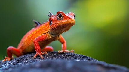 Obraz premium A tight shot of a red and orange lizard perched on a rock, background softly blurred