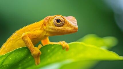 Obraz premium A tight shot of a yellow chameleon atop a verdant leaf against a softly blurred background