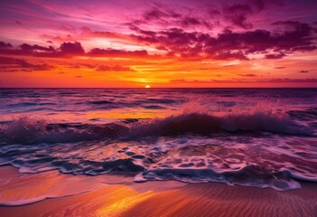 stunning vibrant beach sunset clear sands gentle waves reflecting fiery colors sky, ocean, horizon, nature, water, reflection, clouds, light, scenic, tranquil