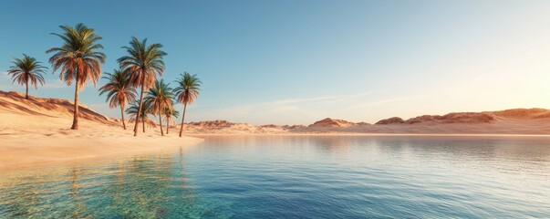 A serene desert oasis with palm trees and clear water under a bright sky, perfect for relaxation and nature exploration.