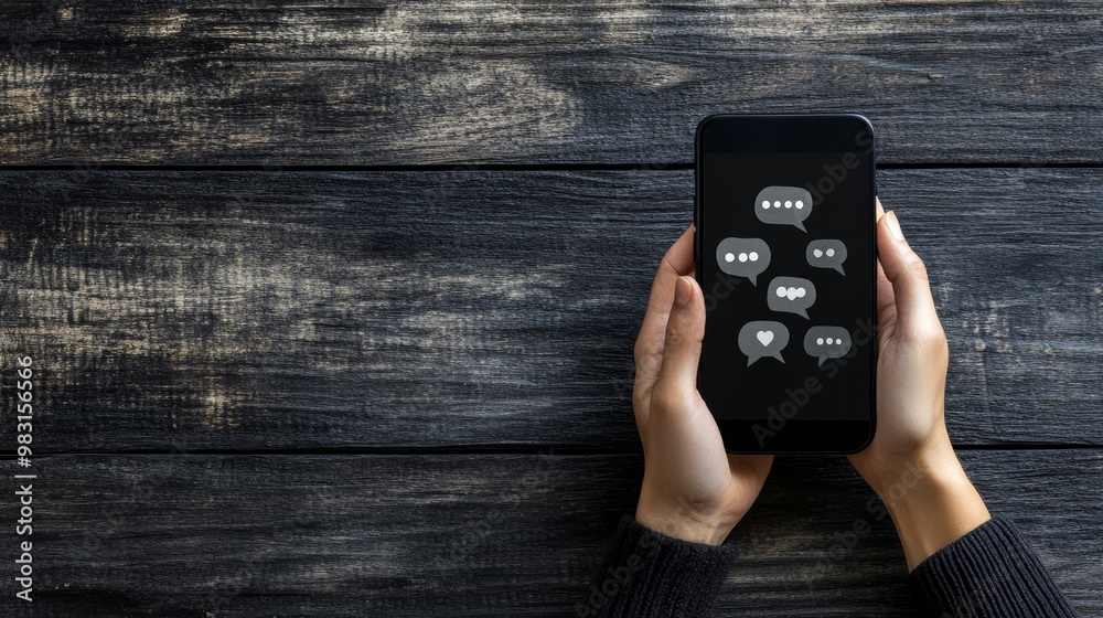 Poster dark themed smartphone with social media comment icons on screen, symbolizing online communication i