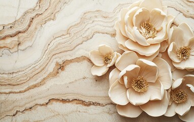 Delicate cream flowers arranged on a marbled surface, showcasing elegance and natural beauty in a tranquil setting
