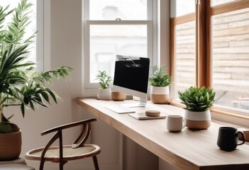Fototapeta premium tranquil office setup featuring laptop minimalist desk cup coffee soft natural lighting calm workspace atmosphere, mug, technology, design, furniture, decor