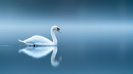 Obraz premium A white swan floats atop tranquil water, mirrored by its head's reflection against a backdrop of blue and white