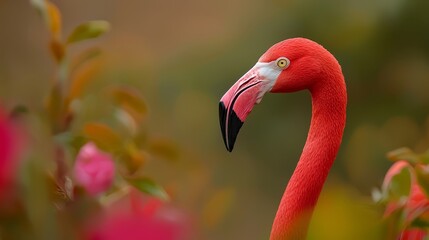Fototapeta premium A tight shot of a pink flamingo among a field of pink blossoms, softly blurred backdrop of flowering pinks