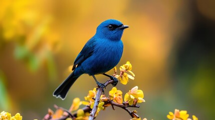 Naklejka premium A blue bird perched on a branch against a backdrop of indistinct leaves and branches, featuring yellow flowers at its feet
