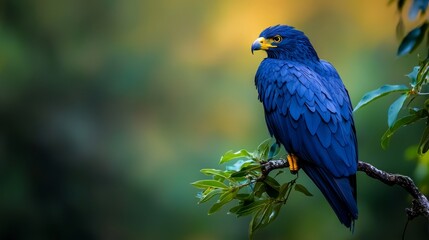 Fototapeta premium A blue bird sits on a tree branch, surrounded by foreground leaves Background is softly blurred