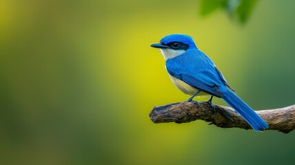 Naklejka premium A blue bird perches on a branch against a green and yellow backdrop blurred softly behind