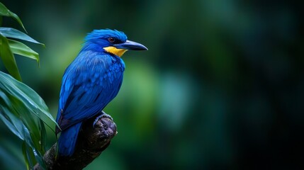 Obraz premium A blue bird perched on a tree branch against a green backdrop of foliage Its beak is yellow