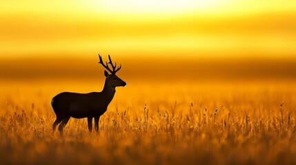 Obraz premium A deer in a field of tall grass, silhouetted against sunset's distant glow