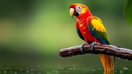 Fototapeta premium A vibrant parrot sits atop a tree branch, overlooking a tranquil body of water Water droplets glisten on the surface