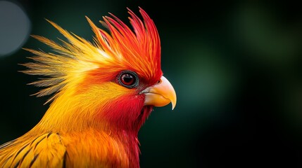  A vividly hued bird in sharp focus against a stark black backdrop, with a softly blurred, radiant light source in the background
