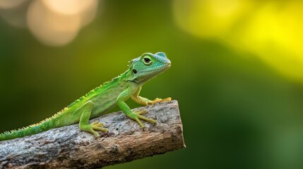  A tight shot of a green lizard perched on a tree branch, surrounded by hazy trees in the background
