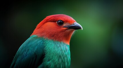  A vivid bird with a green and red head is prominently featured in this image against a plain, dark background The backdrop gently blurs for an artistic effect (40 tokens