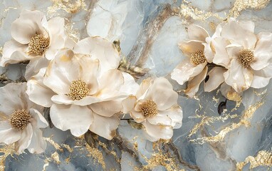 Elegant white flowers with fine details and golden accents on a blue marble background in a decorative arrangement