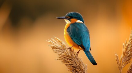 Fototapeta premium A vibrant bird perches atop a dried grass plant against an indistinct backdrop of orange and blue hues