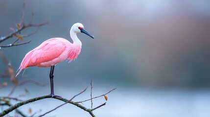 Obraz premium A pink bird perches on a tree branch overhanging foggy water
