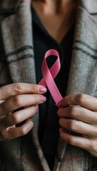 Woman Pinning Pink Ribbon on Jacket Lapel for Breast Cancer Awareness