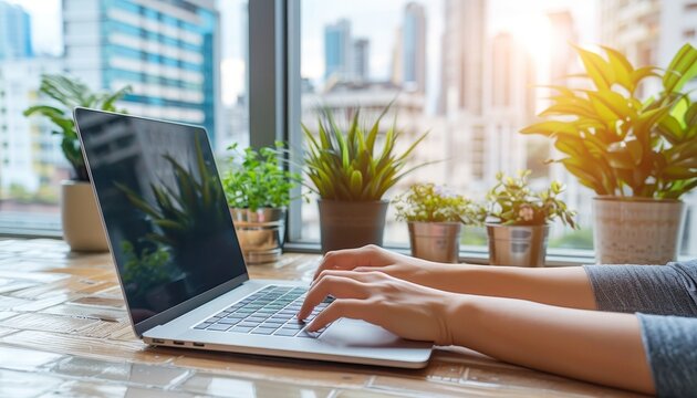 Individual focused on laptop at rooftop cafe overlooking vibrant cityscape, space for text