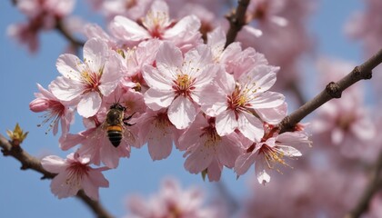 A busy bee gathers nectar from delicate cherry blossom flowers in a serene spring garden under clear blue skies