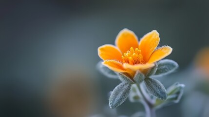 Obraz premium A yellow flower with a green stem is depicted in sharp focus against a blurred background in this close-up image