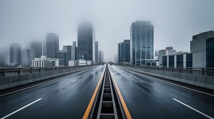 Empty Highway Through Foggy Cityscape