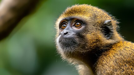 Obraz premium A monkey's face, in sharp focus, with a softly blurred tree-lined background