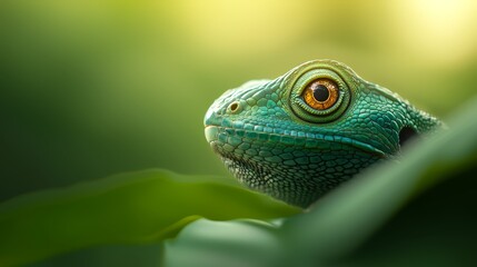 Fototapeta premium A tight shot of a green chameleon perched on a leaf against a softly blurred background