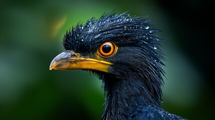 Fototapeta premium black head, yellow beak against a green backdrop