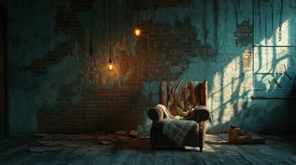 Naklejka premium Cozy Vintage Chair in an Abandoned Room with Ambient Lighting