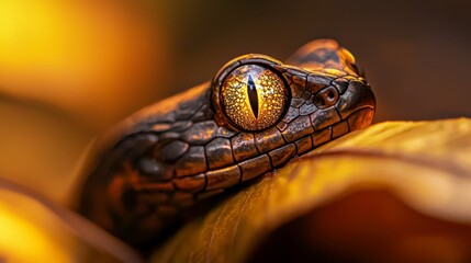 Fototapeta premium A tight shot of a snake's eye, foregrounded by a ripe banana, backgrounded by another banana