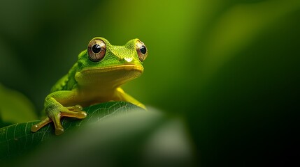  A frog up-close on a green leaf against a softly blurred backdrop of intermingled, green foliage