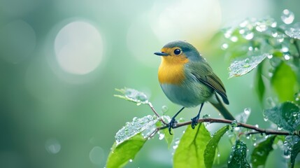 Fototapeta premium A small bird sits on a tree branch, leaves dripping with water, background softly blurred