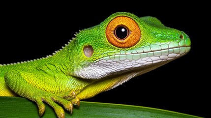 Fototapeta premium A tight shot of a green-yellow lizard on a leaf, its orb-shaped orange eye gazing out