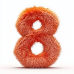 3D number 8 with orange fur texture realistic modern design, soft lighting, white background. 