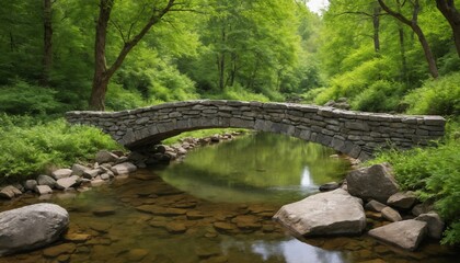A serene stone bridge gracefully arches over a quiet stream surrounded by lush greenery on a peaceful day in nature