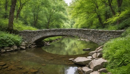 Fototapeta premium A serene stone bridge arches over a gentle stream surrounded by lush greenery in a tranquil forest setting during springtime