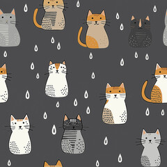 Black and grey seamless pattern with cats and raindrops