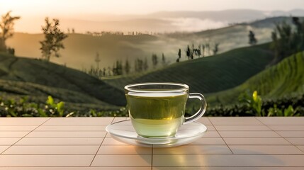 Green Tea Cup on Table with Mountn Landscape and Sunrise Background