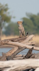 A graceful cheetah stands confidently on fallen wood, surveying its surroundings in the savannah, surrounded by acacia trees and a vibrant landscape