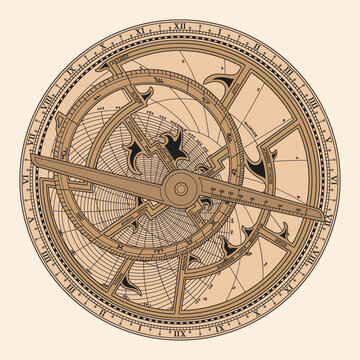 Ancient astronomical instrument astrolabe for measuring horizontal angles and determining latitudes and longitudes of celestial bodies. Object isolated on beige background