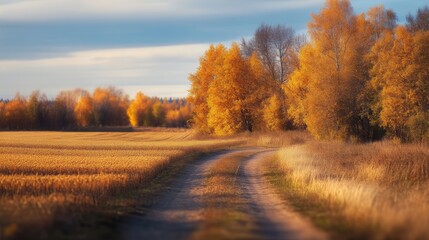 Autumn's golden hues bathe central Russia, where sunlit trees paint a vibrant landscape. Barley fields stretch alongside the road, their autumnal colors framed by a blurred background.