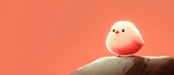  A red-and-white bird perches atop a rock against a coral backdrop, beneath a pink-hued sky
