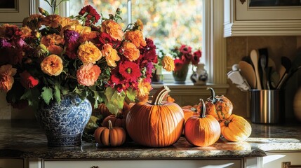 Autumn's vibrant hues adorn a kitchen countertop, where bouquets of blooms and plump pumpkins create a captivating display.