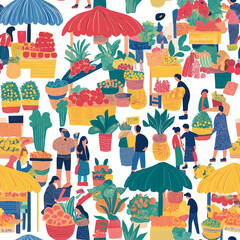 Stylized whimsical market, seamless pattern with people, market stalls 