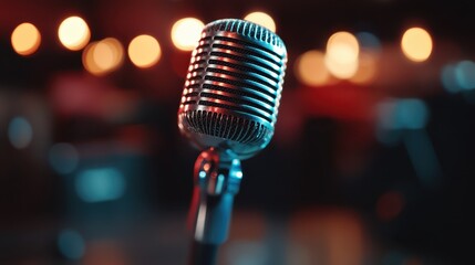 A vintage microphone set against a softly blurred background with colorful lights, creating a warm...