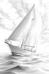  A monochrome image of a sailboat on the water, surrounded by clouds in the sky