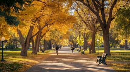 Naklejka premium Autumn's vibrant hues paint the landscape, as golden trees shimmer in the sunlight's embrace. The park transforms into a kaleidoscope of colors, with falling leaves creating a picturesque backdrop.
