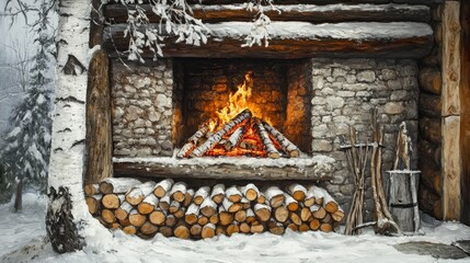 Birch firewood stack for winter, warm houses, burning in the fireplace.