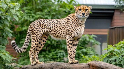 Fototapeta premium A graceful cheetah stands confidently on fallen wood, surveying its surroundings in the savannah, surrounded by acacia trees and a vibrant landscape